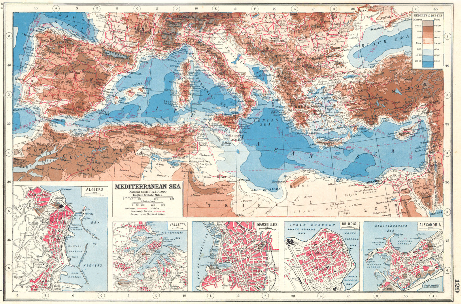 MEDITERRANEAN & PORTS.Algiers Valletta Marseilles Brindisi Alexandria 1920 map
